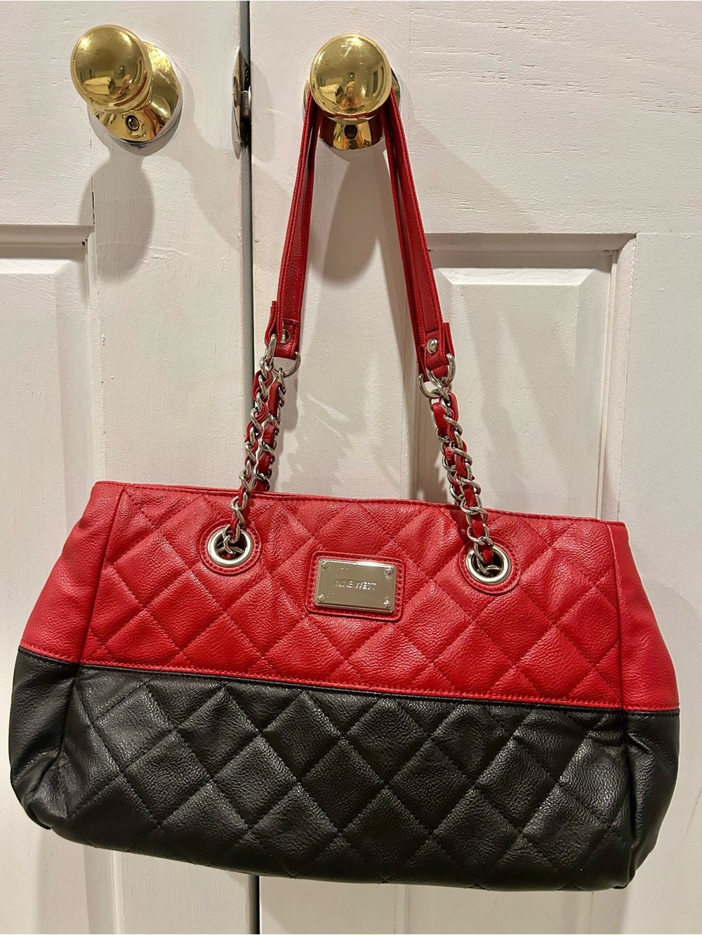 Nine West Red and Black Quilted Shoulder Tote with Chain Straps